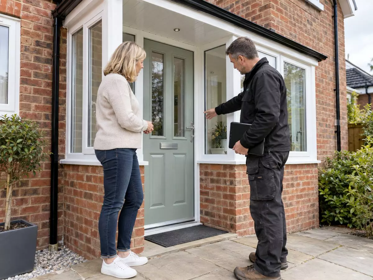 Homeowner and contractor inspecting a completed porch with a pale green front door.