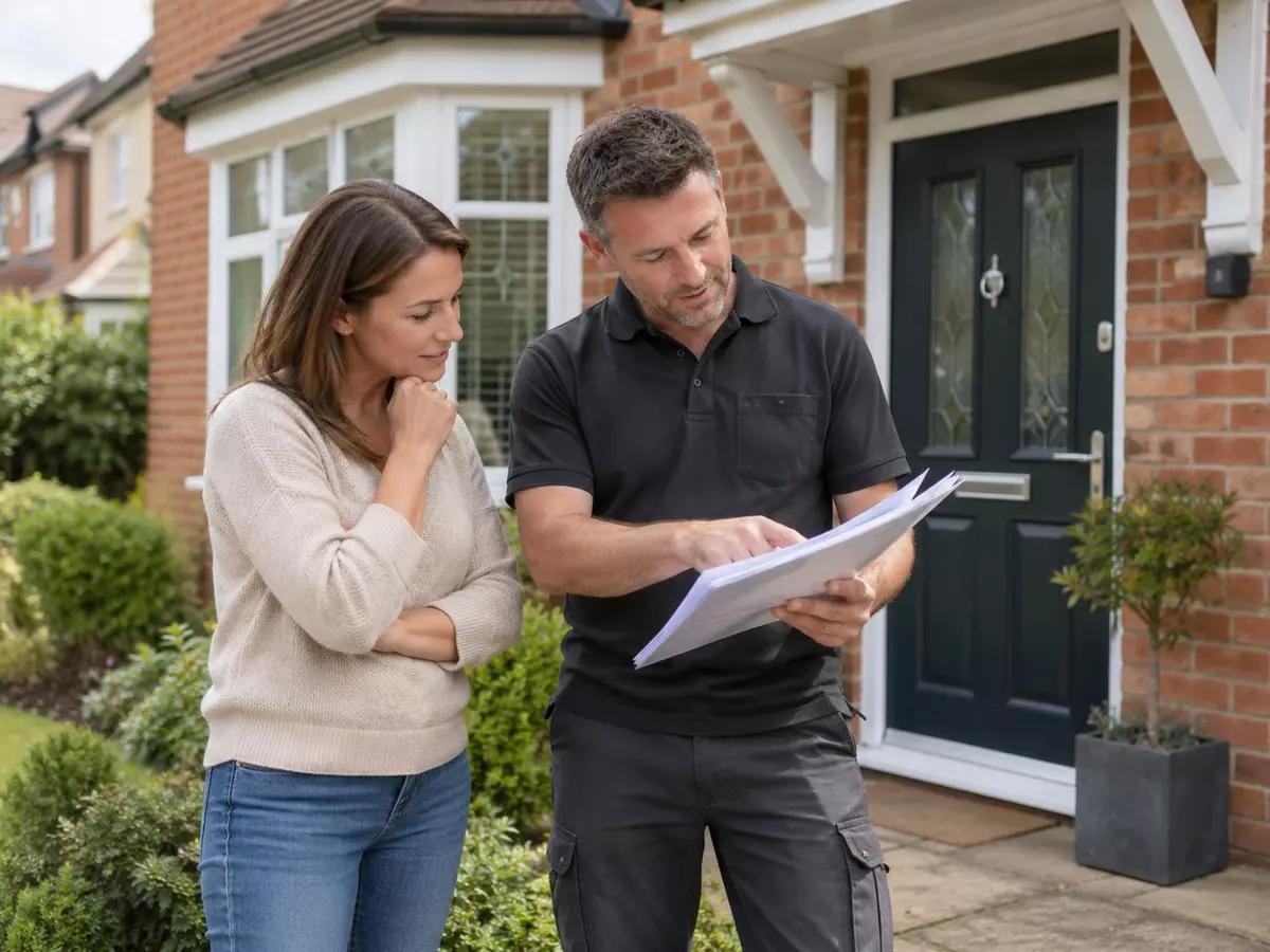 Homeowner and contractor reviewing plans outside a brick house.